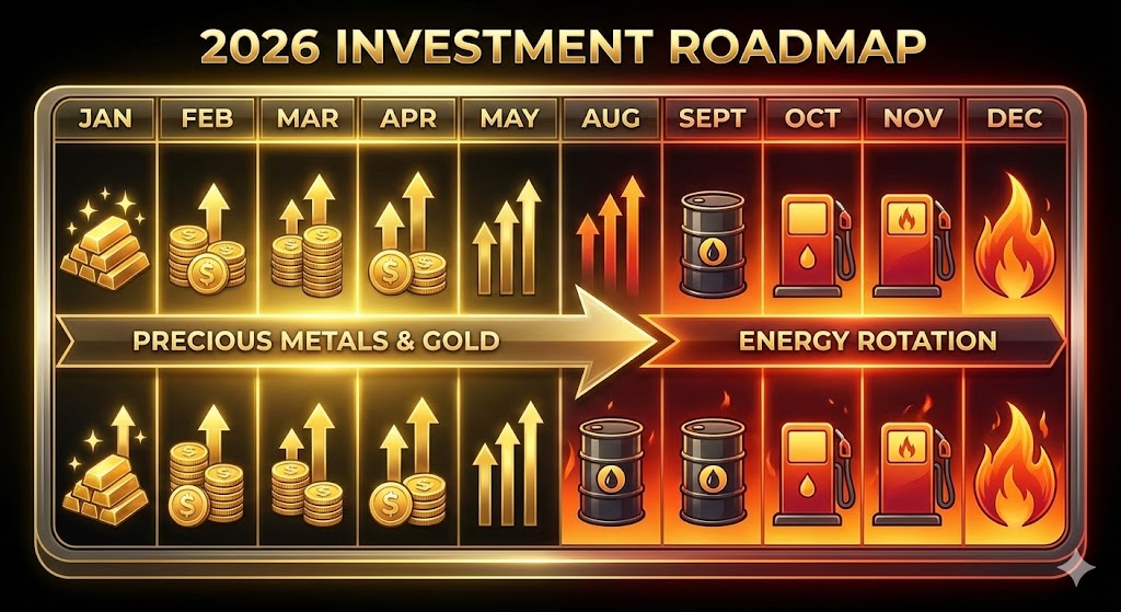 2026년 원자재 투자 달력. 1월~8월은 황금색(금/은)으로 칠해져 있고, 9월~12월은 붉은색(에너지/석유)으로 변하는 흐름을 표현한 로드맵 일러스트