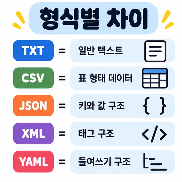 TXT는 일반 텍스트, CSV는 표 데이터, JSON과 XML은 구조화 데이터, YAML은 설정 파일에 적합함을 비교한 카드