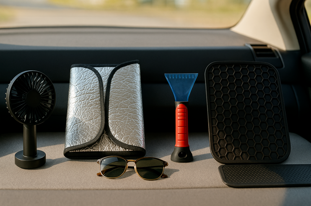여름과 겨울철에 필요한 차량용 부채, 햇빛가리개, 선글라스, 성에 제거기, 미끄럼 방지 매트를 나열한 이미지