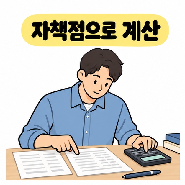 남성이 책상 위 기록지를 손가락으로 짚으며 계산기를 누르는 모습