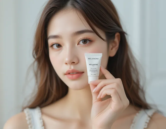 동아제약 멜라논 크림 가격을 강조하며 카메라를 향해 제품을 보여주는 여성의 모습