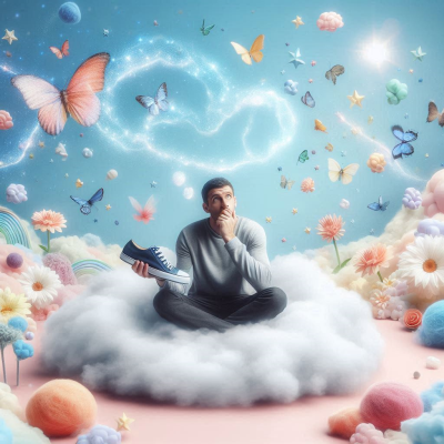 구름 위에서 휴식을 취하며 꿈에 대한 생각에 잠긴 남성의 이미지, 다양한 색상의 나비와 별들이 주변에 흩어져 있습니다.