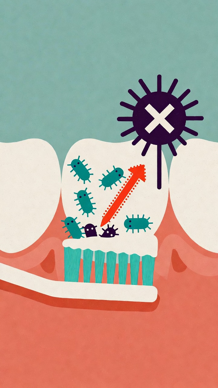 칫솔이 치아 표면의 세균들을 닦아내는 모습을 형상화한 일러스트입니다. 빨간색 화살표와 엑스 표시는 칫솔질을 통해 암의 원인이 될 수 있는 입속 세균을 물리적으로 제거하는 과정을 상징합니다.