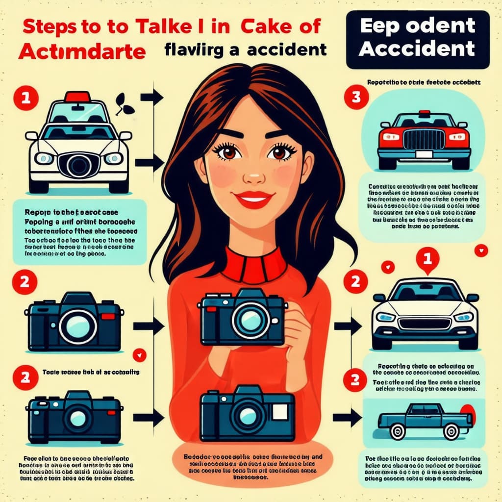 사고 발생 시의 대처 방법을 설명하는 이미지. 사고 신고, 사진 촬영, 증인 확보 등을 시각적으로 안내합니다.