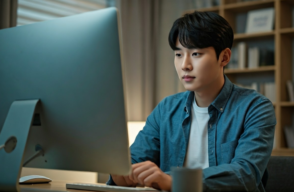 컴퓨터로 자료를 조사하는 청년