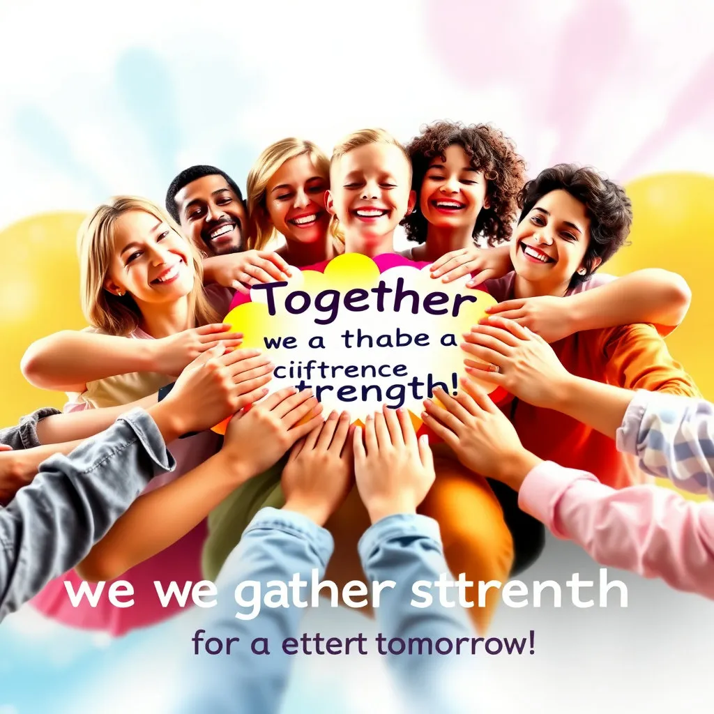 다양한 연령대의 사람들이 밝게 웃으며 서로 손을 잡거나, 활짝 핀 꽃처럼 어우러진 모습을 그래픽적으로 표현합니다. '함께 힘을 모아, 더 나은 내일을!'과 같은 긍정적이고 희망찬 슬로건을 넣어 포스팅을 마무리하는 데 적합합니다.