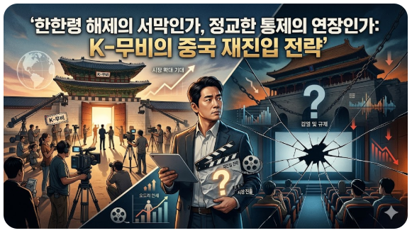 상단에는 "한한령 해제의 서막인가, 정교한 통제의 연장인가: K-무비의 중국 재진입 전략"이라는 제목이 있습니다.

이미지는 대각선으로 갈라져 대조적인 분위기를 보여줍니다. 왼쪽은 화사한 빛 속에 활기찬 영화 촬영 현장과 상승하는 그래프가 있어 시장 확대를 꿈꾸는 긍정적인 기대감을 나타냅니다. 반면 오른쪽은 어두운 그림자와 검열을 상징하는 거대한 손, 깨진 스크린과 하락하는 그래프가 있어 중국 당국의 규제와 통제에 대한 우려를 시각적으로 강조합니다. 중앙에는 고민하는 프로듀서가 서 있어 두 가지 상반된 현실 사이의 불확실성을 표현합니다.