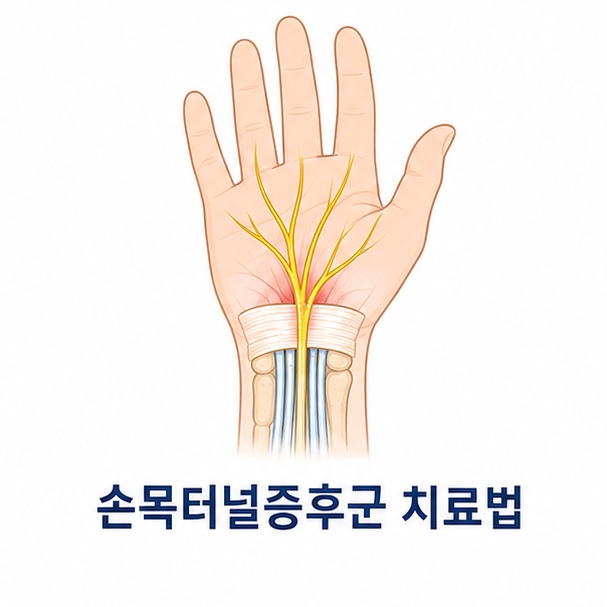 손목의 정중신경 위치와 함께 손목터널증후군 치료법을 안내한 이미지