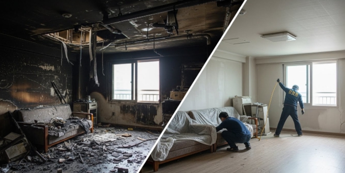 아파트 화재 복구 청소중