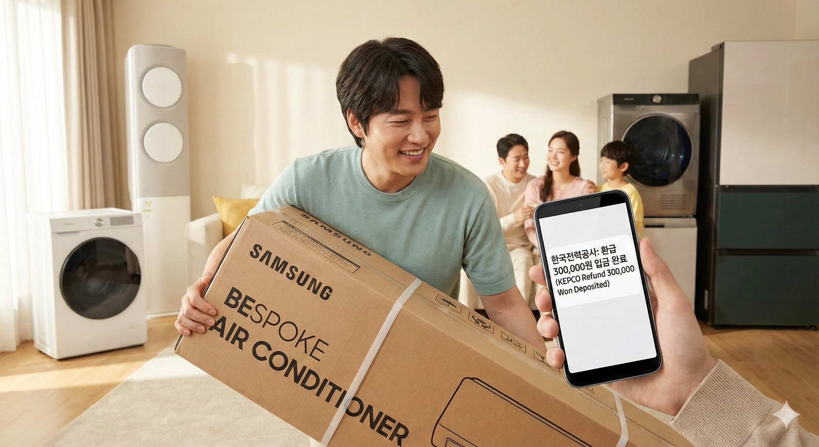 스마트폰 화면에 '한전 환급금 300,000원 입금' 알림이 뜨고 기뻐하는 모습