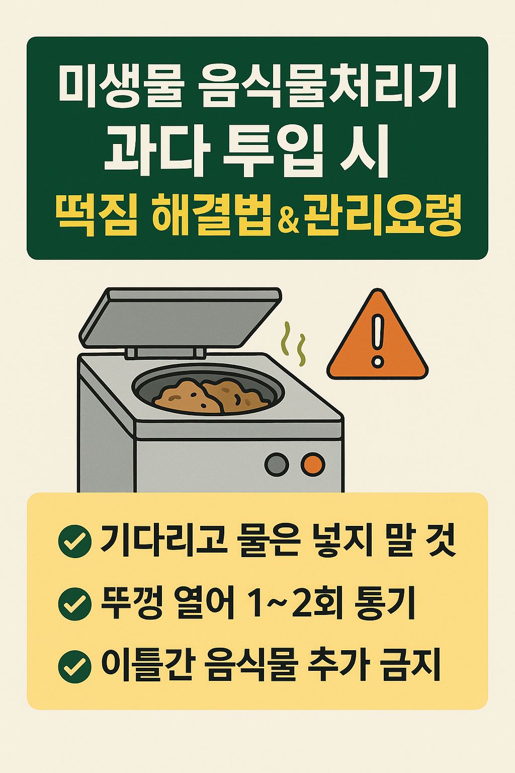 미생물 음식물처리기 과다 투입 시 떡짐 대처법과 관리 요령 안내 이미지