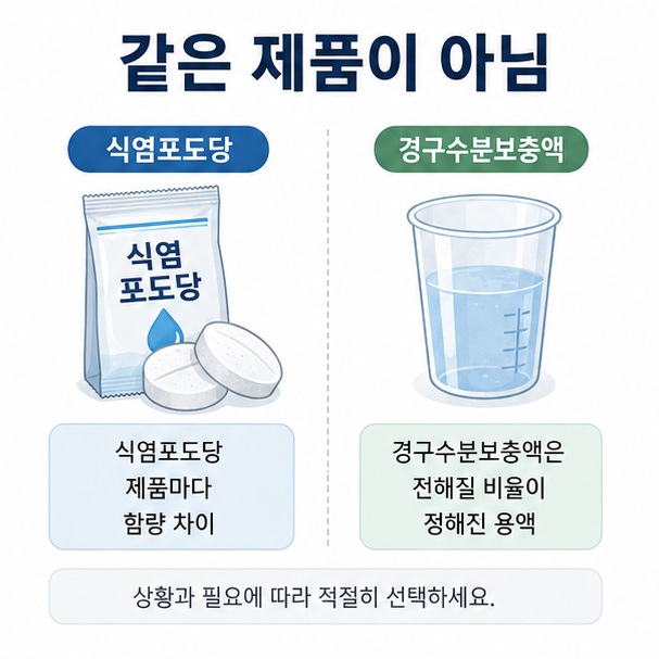 시중 식염포도당 정제와 정해진 전해질 조성으로 만드는 경구수분보충액은 서로 다른 제품이라는 점을 비교한 이미지