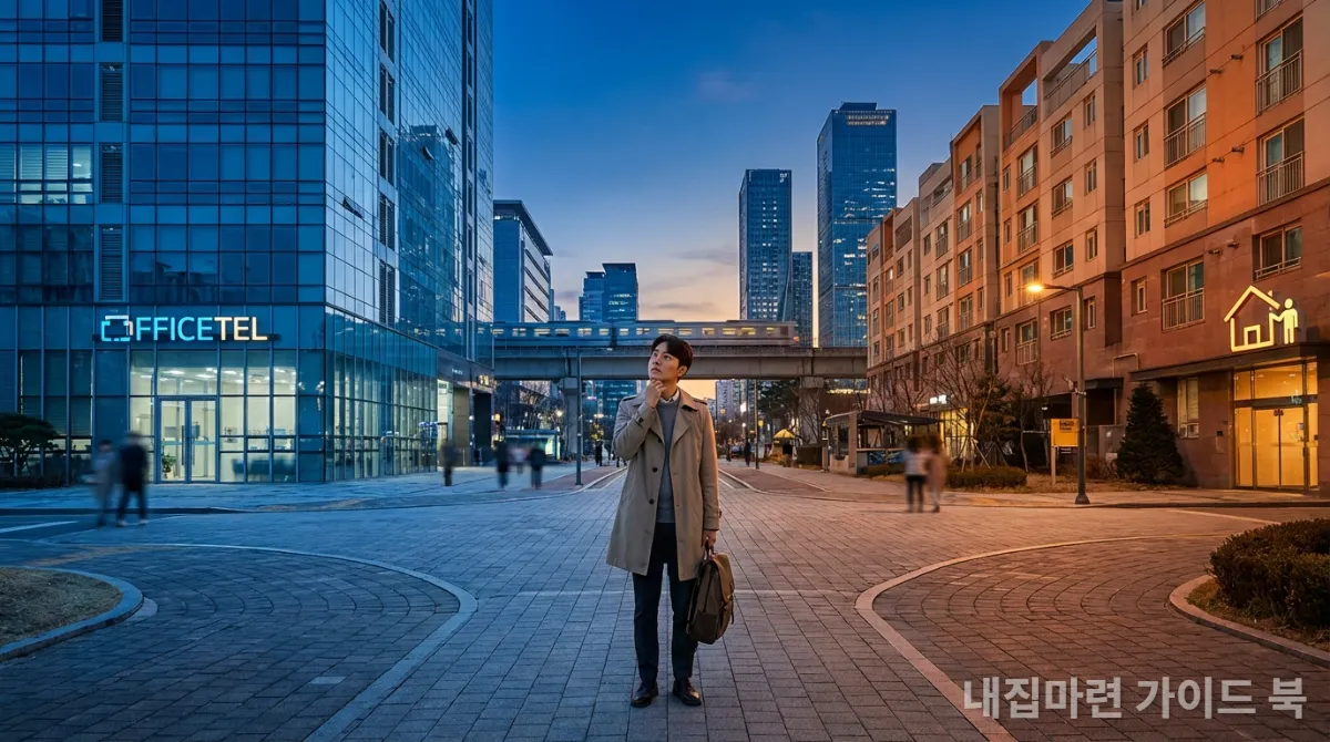 오피스텔과 생활형 숙박시설 건물 앞에서 어느 투자처를 선택할지 고민하는 한국인 투자자의 모습