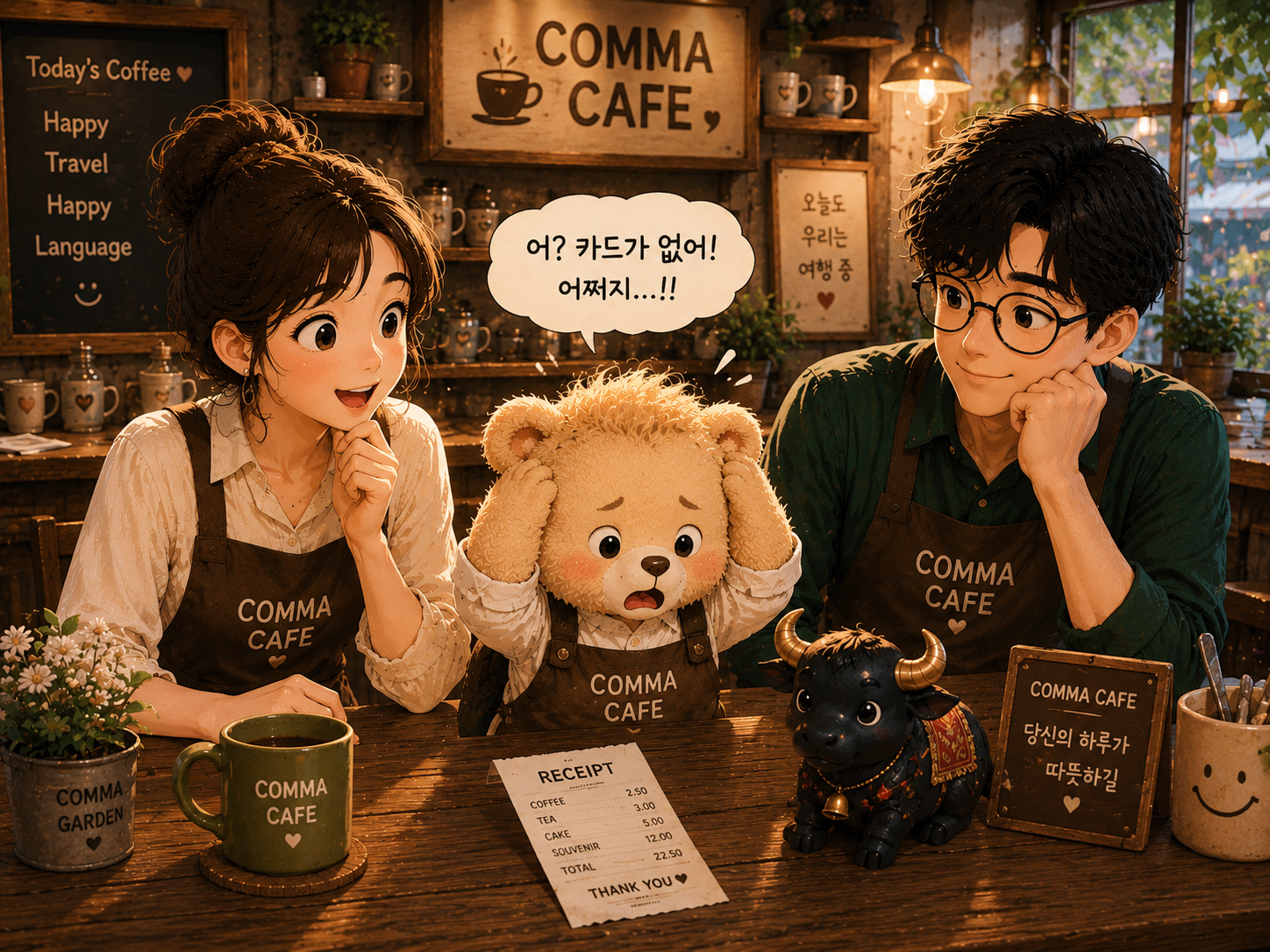 COMMA CAFE 테이블 위에 영수증과 커피잔, 검은 뿔 소 장식품이 놓여 있고 쉼표와 푸름, 곰인형 은돌이가 함께 웃는 따뜻한 장면
