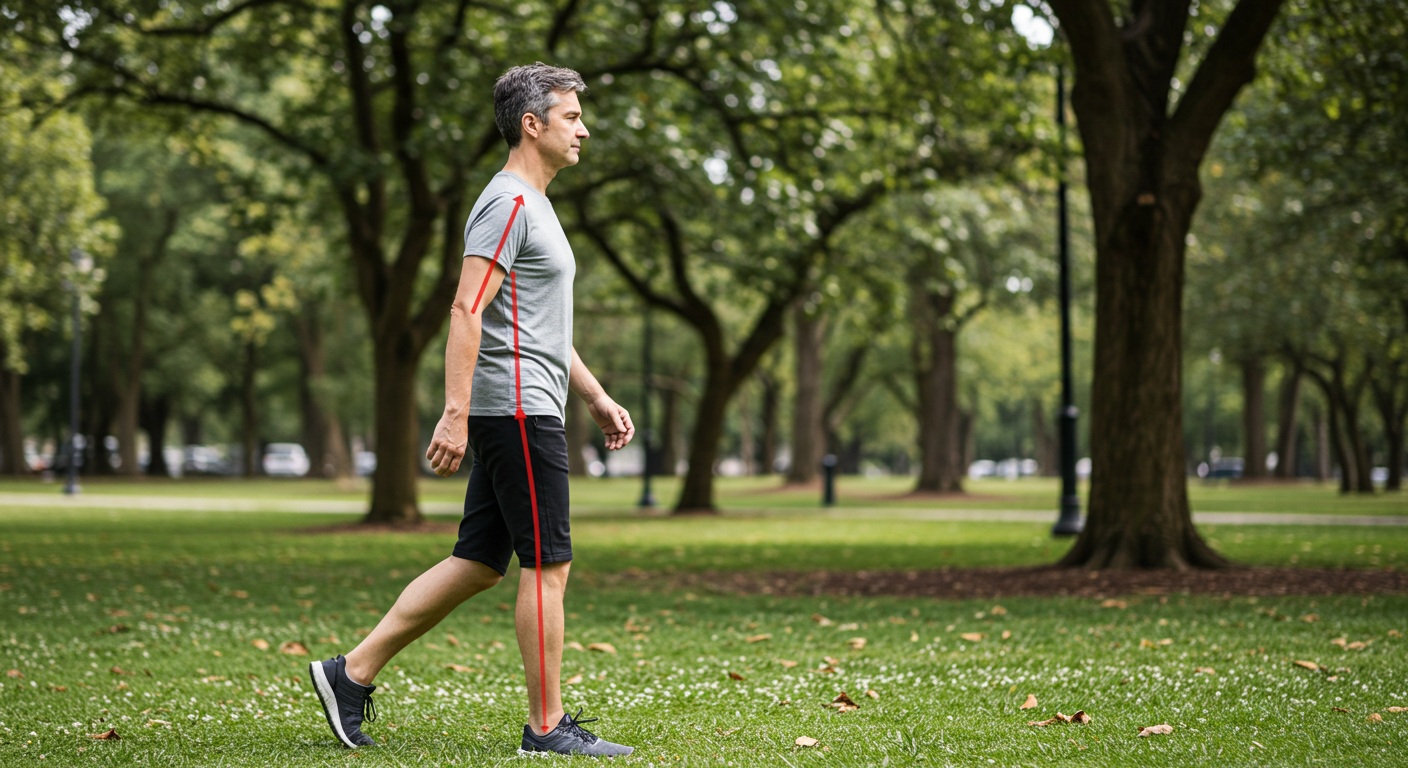 올바른 자세로 공원을 걷고 있는 성인의 모습