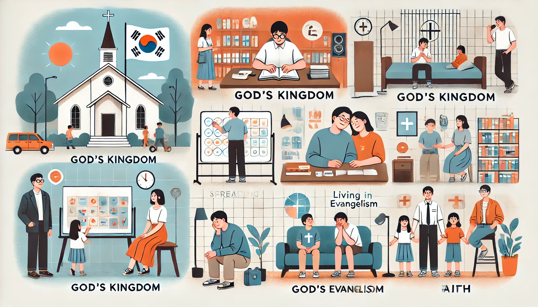 Here is the illustration showing a modern person dedicating their life to spreading God's kingdom and living as a model of faith. The scenes include the person meditating on God's kingdom, engaging in evangelism, praying, studying the Bible, sharing the gospel with others, participating in community service, and mentoring or teaching about faith. The settings feature a church, a public place for evangelism, and a quiet place for meditation and reflection, highlighting a day devoted to spreading God's word and living a life of purpose.