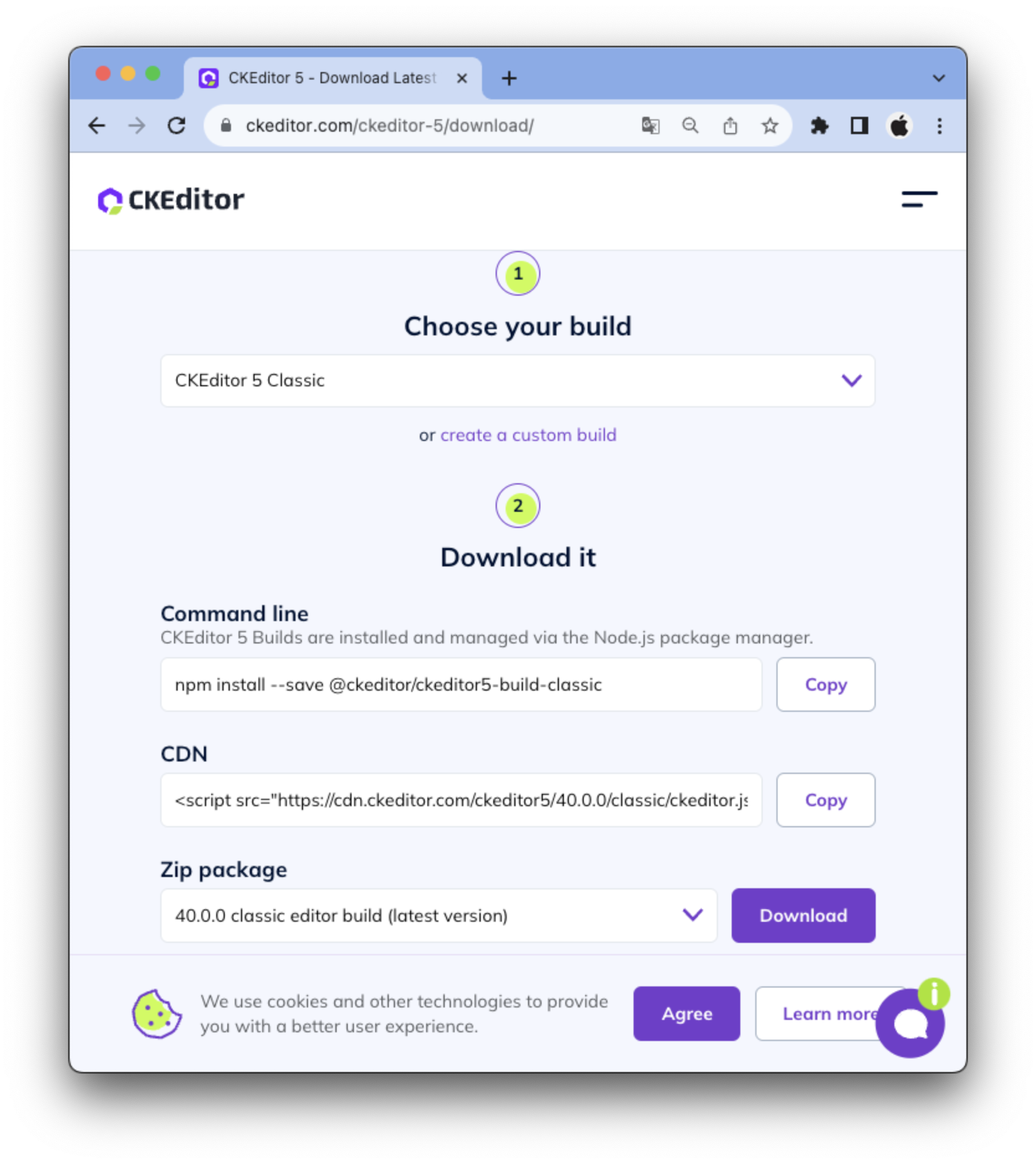 CKEditor5 적용 방법 선택 화면 (Command line, CDN, Zip package)