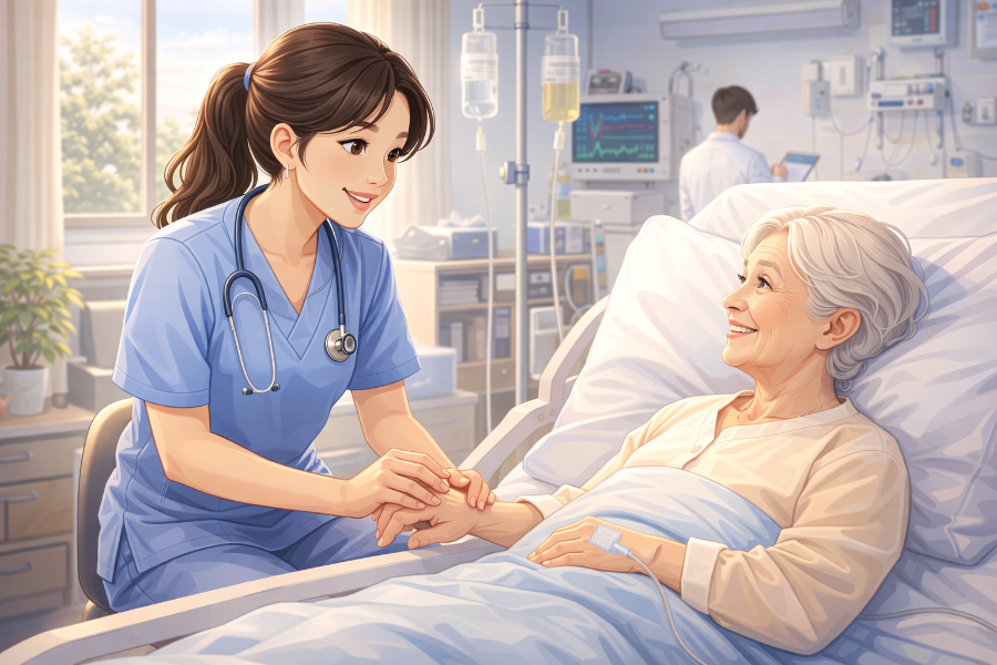 병실에서 요양보호사가 노인을 케어하고 있는 모습