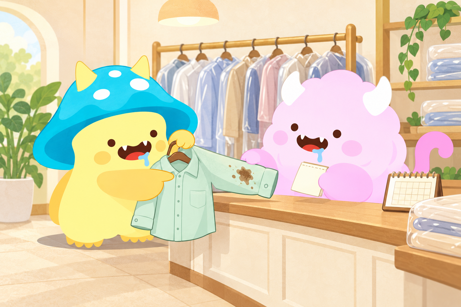 Bode holds a shirt with a stain on its sleeve while ShuShu shows a blank receipt at a dry-cleaning counter.