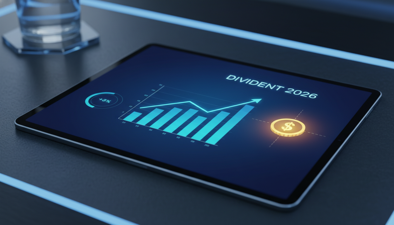 2026년 배당금 예상 내역과 우상향하는 주가 차트가 띄워진 태블릿 화면