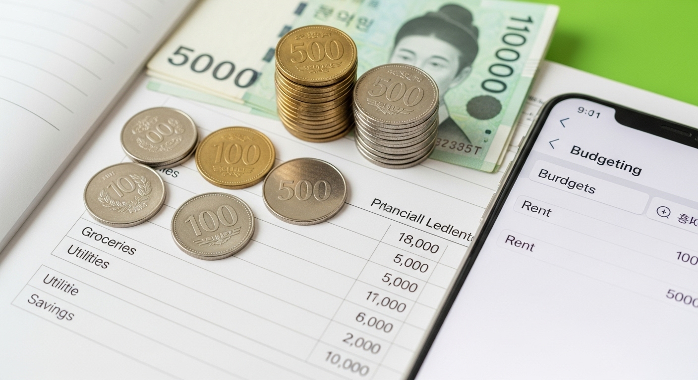 가계부를 작성하며 월급을 아껴 종잣돈을 모으는 모습, 절약을 상징하는 정리된 돈과 스마트폰.