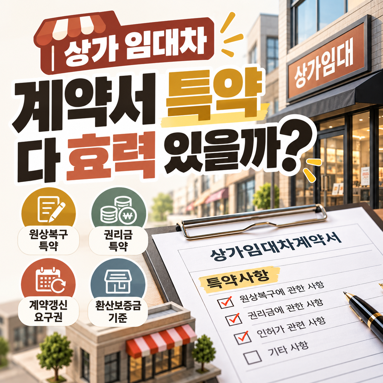 상가 임대차 계약서 특약란에 서명하기 전 문구를 살펴보는 모습