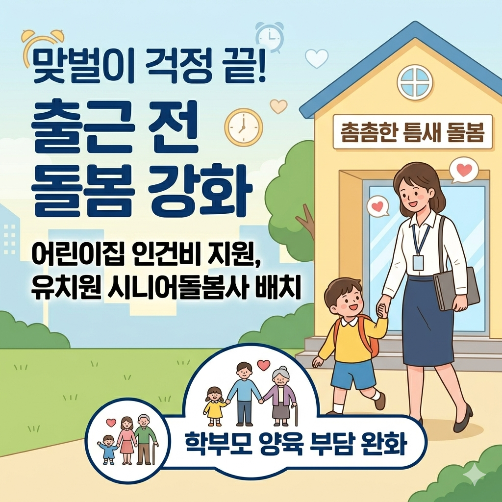 어린이집 아침 돌봄 현장에서 교사와 아이들이 즐겁게 소통하는 모습과 시니어돌봄사 배치 안내 그래픽,어린이집 아침 돌봄 현장에서 한 교사가 여러 아이들을 따뜻하게 맞이하고 있으며, 다른 교사는 출근하는 부모에게 아이를 안심하고 맡기는 모습입니다. 이와 함께, 유치원 시니어돌봄사가 아이들과 함께 동화책을 읽거나 안전하게 등원하는 모습을 통해 '출근 전 돌봄 강화'라는 주제를 시각적으로 잘 전달하고 있습니다. '맞벌이 부부', '아침 돌봄', '시니어돌봄사 배치', '어린이집 인건비 지원'과 같은 핵심 키워드가 큰 글씨로 임팩트 있게 포함되어 있어 클릭률을 높이는 데 효과적입니다.