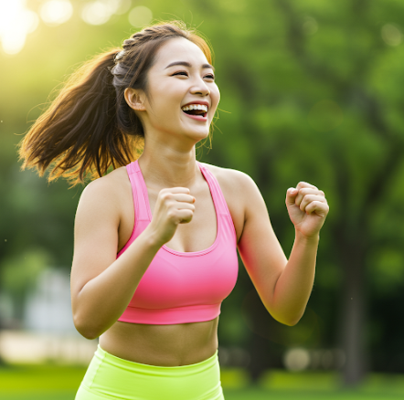 운동을 하면서 우울증을 극복하고 웃고 있는 여자