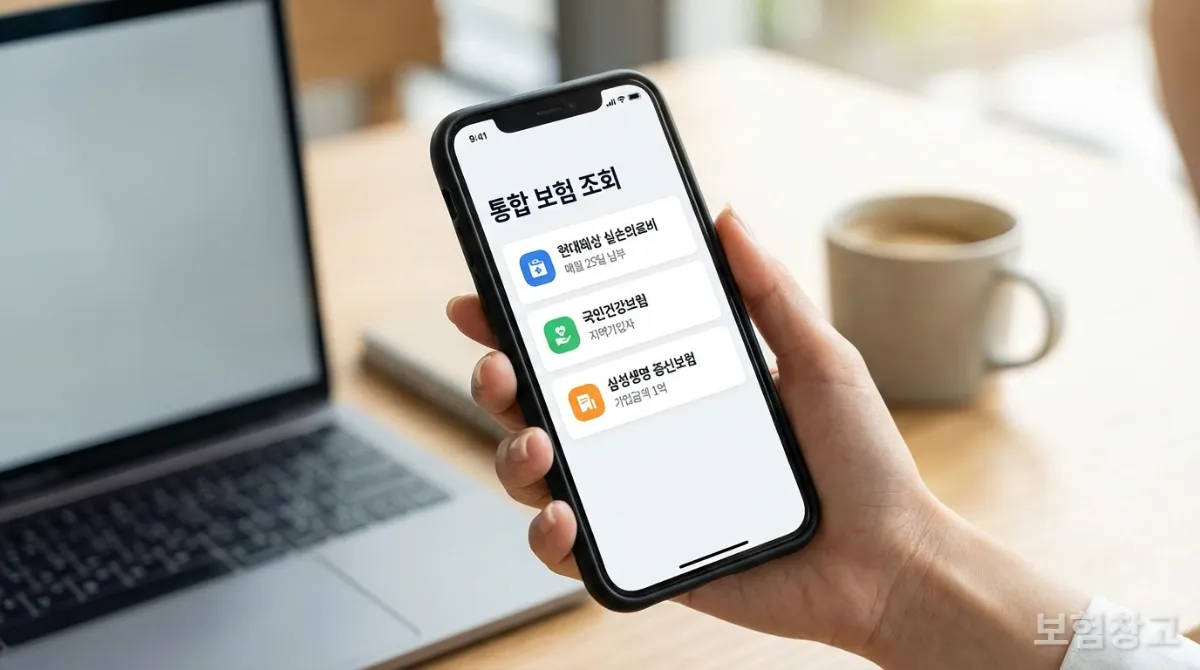 스마트폰으로 통합 보험 조회 앱을 확인하는 모습