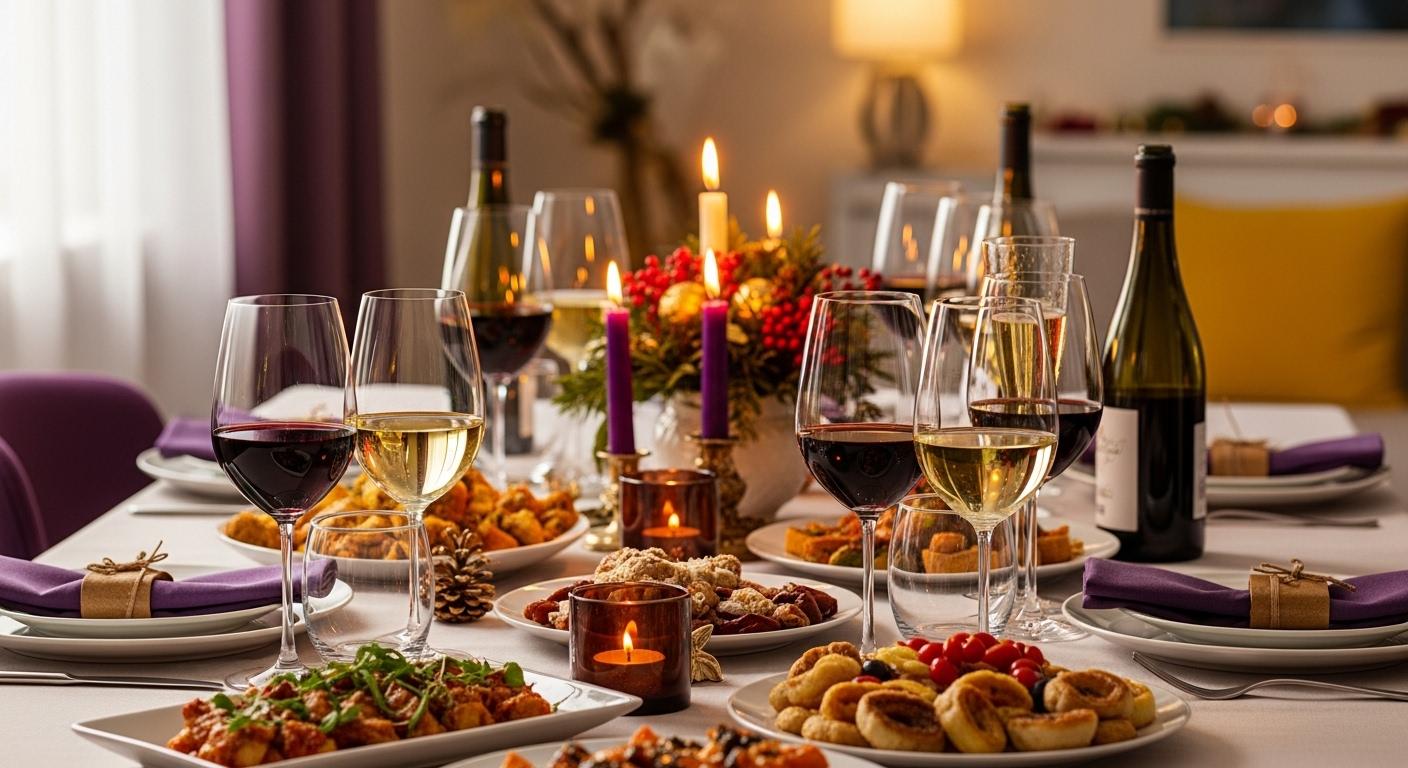 2025년 크리스마스 홈파티 테이블 위, 요리와 완벽하게 페어링된 다양한 와인잔과 아름다운 장식이 어우러진 풍경.