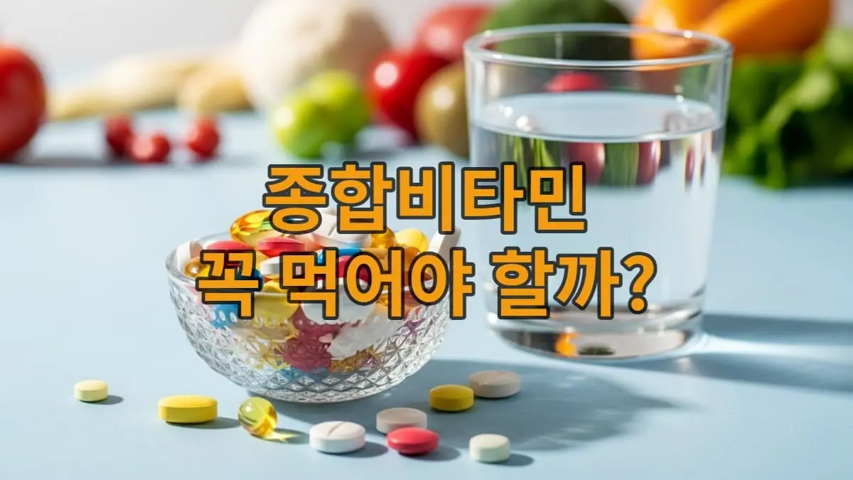 다양한 색상의 종합 비타민 알약이 담긴 유리 그릇과 물 한 잔이 놓인 깨끗한 식탁. 건강한 라이프스타일을 연상시키는 이미지.