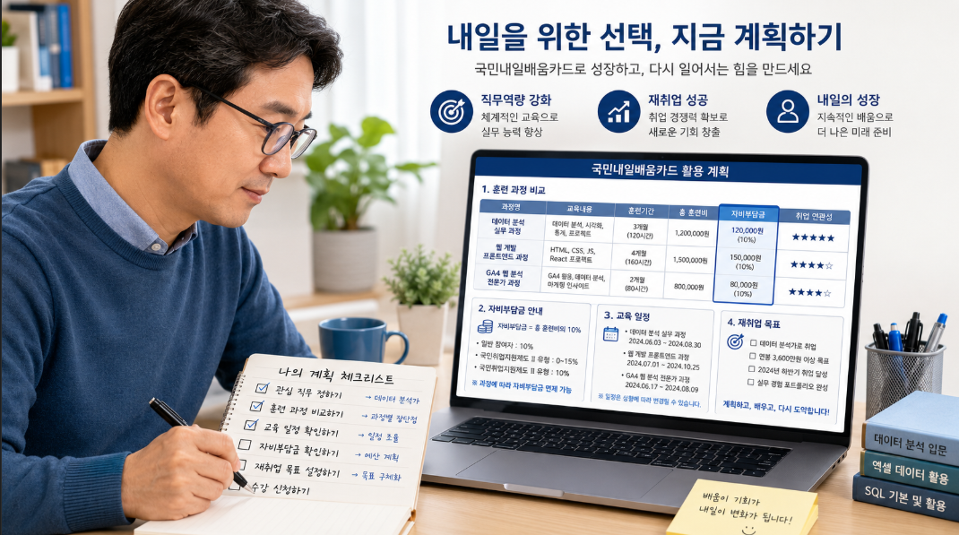 내일배움카드 훈련과정과 자비부담금을 비교하며 교육 전략을 세우는 모습