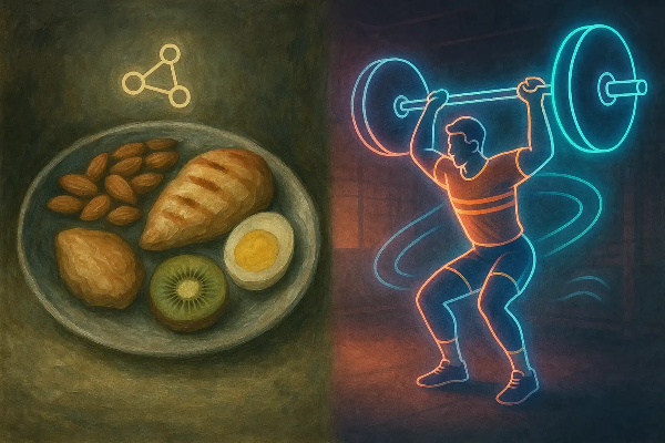 균형 잡힌 식단과 운동의 조화를 빈티지 네온 스타일로 표현