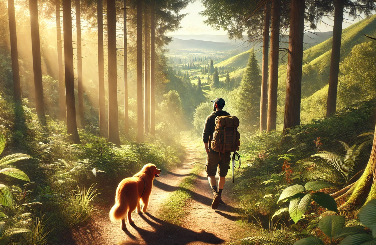 반려동물(리트리버)와 함께 숲을 산책하는 남자 이미지