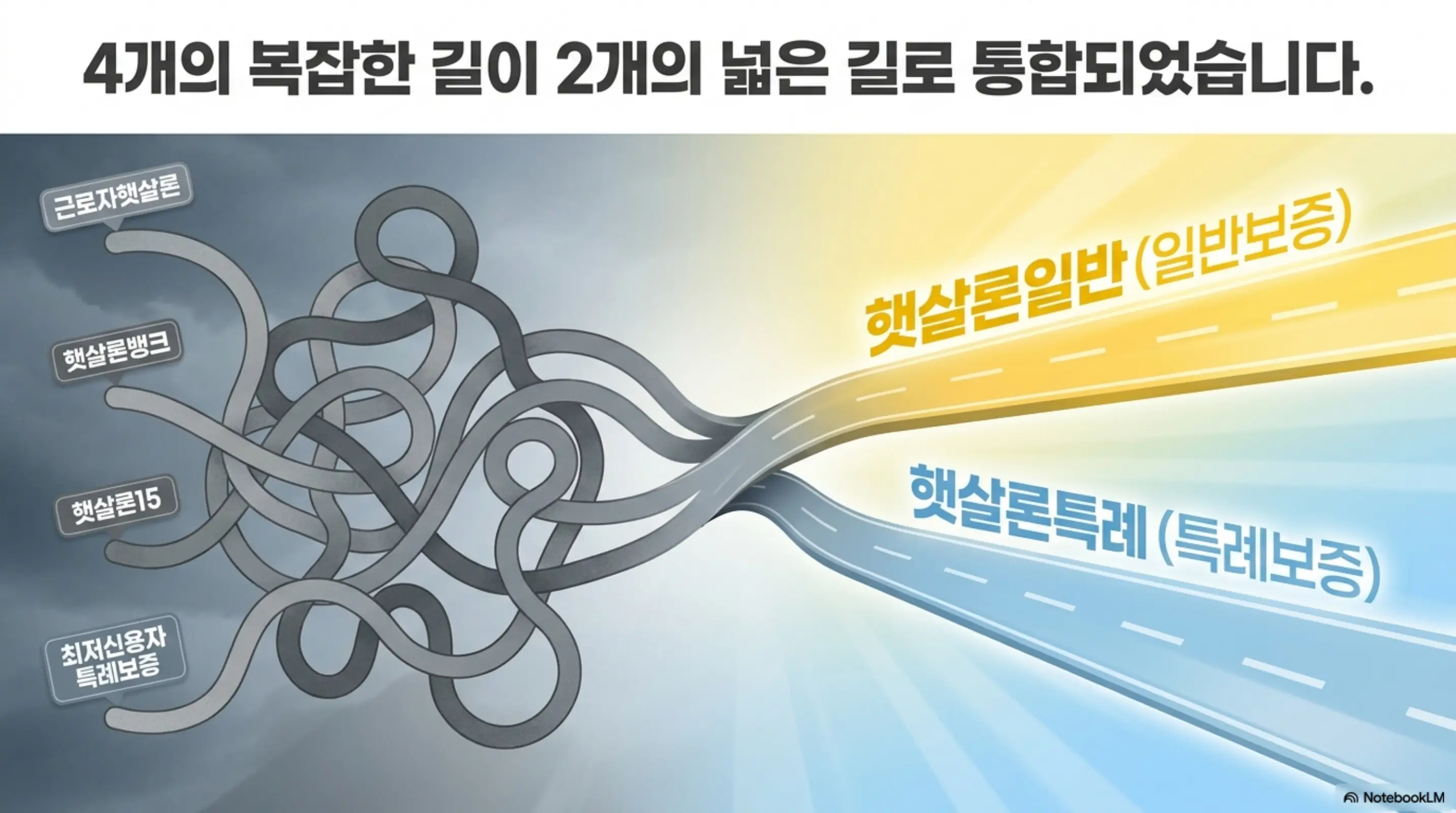 햇살론일반 자격조건: 기존 근로자햇살론과 햇살론뱅크 그리고 햇살론15와 최저신용자 특례보증 등 4개의 복잡한 상품이 햇살론일반과 햇살론특례 2개의 넓은 길로 통합되는 과정을 도로 비유로 시각화한 인포그래픽. 2026년 햇살론 개편 구조를 한눈에 보여줌 