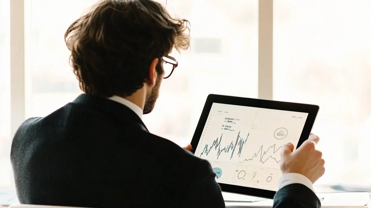 미국 S&P500 연금 ETF 상품들의 수수료와 포트폴리오 구성을 비교 분석하는 투자자가 태블릿을 활용해 정보를 검토하는 모습으로, 연금 ETF 상품 선택, 연금투자 전략, ETF 수익률, S&P500 미국주식 투자, 투자비용 절감 키워드가 자연스럽게 반영된 장면