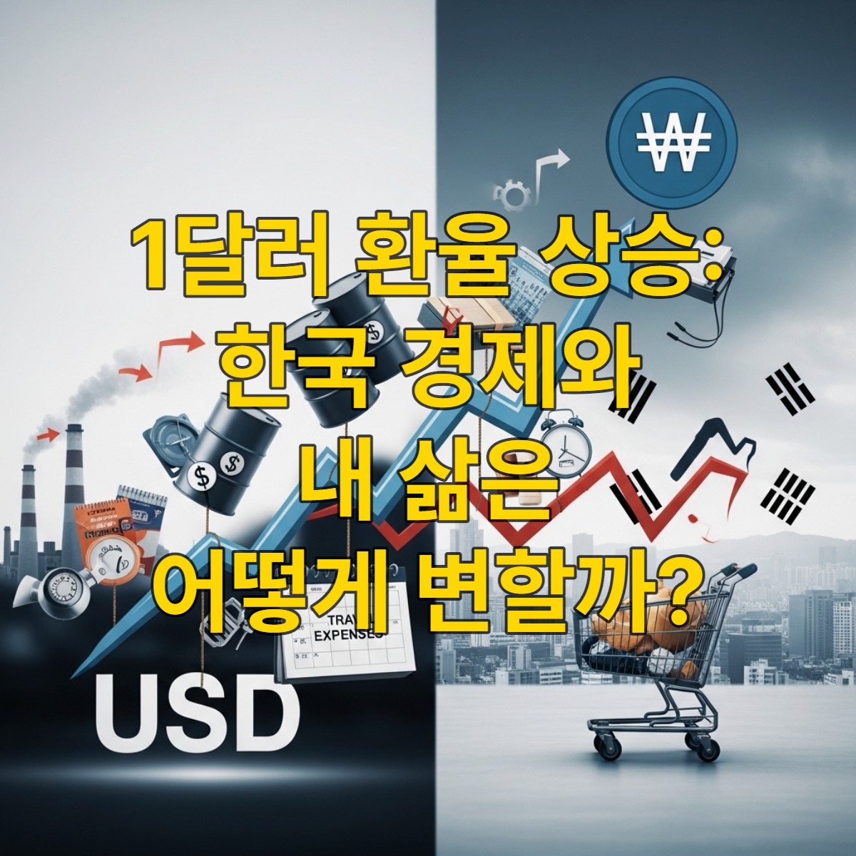 달러 환율 상승이 한국 경제와 일상에 미치는 영향을 시각화한 이미지. 상승하는 달러와 함께 오르는 수입 물가, 해외여행 비용 등이 표현되어 있습니다.