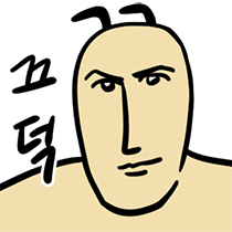 웹툰 모죠의 일지의 주인공. 머리에 더듬이가 난 인간이 미소를 짓고 &#39;끄덕&#39;이라고 쓰여 있음.