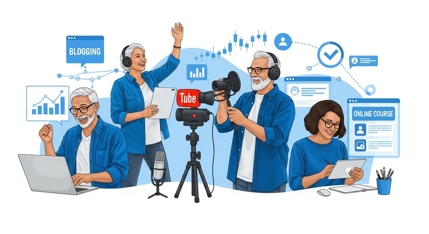 블로그, 유튜브, 온라인 강의 등 디지털 플랫폼을 활용하여 콘텐츠를 만들고 수익을 창출하는 중년들의 모습.