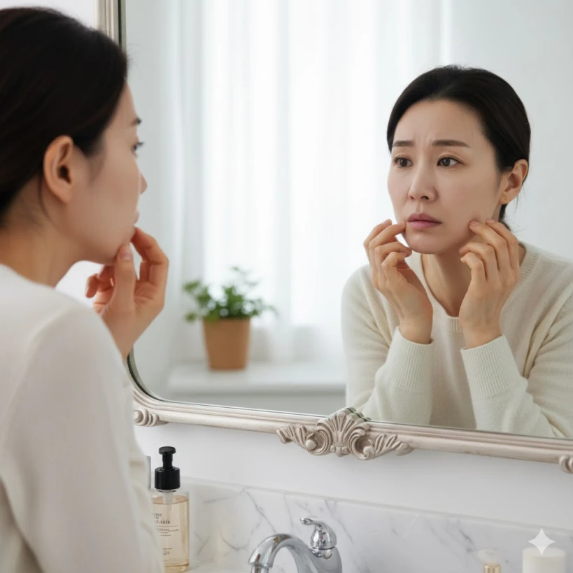 다이어트 이후 피부노화로 걱정하며 거울을 보고있는 여성