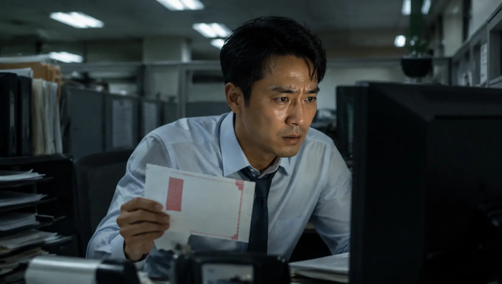 사무실 파티션 안에서 붉은색 독촉 우편물을 들고 식은땀을 흘리며 심각하게 고민하는 30대 남성 직장인