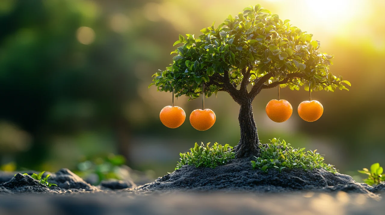 시장 변동성 속에서도 단단히 서 있는 나무에 ETF가 탐스러운 과일처럼 매달려 안정성과 성장을 상징하고 있습니다.