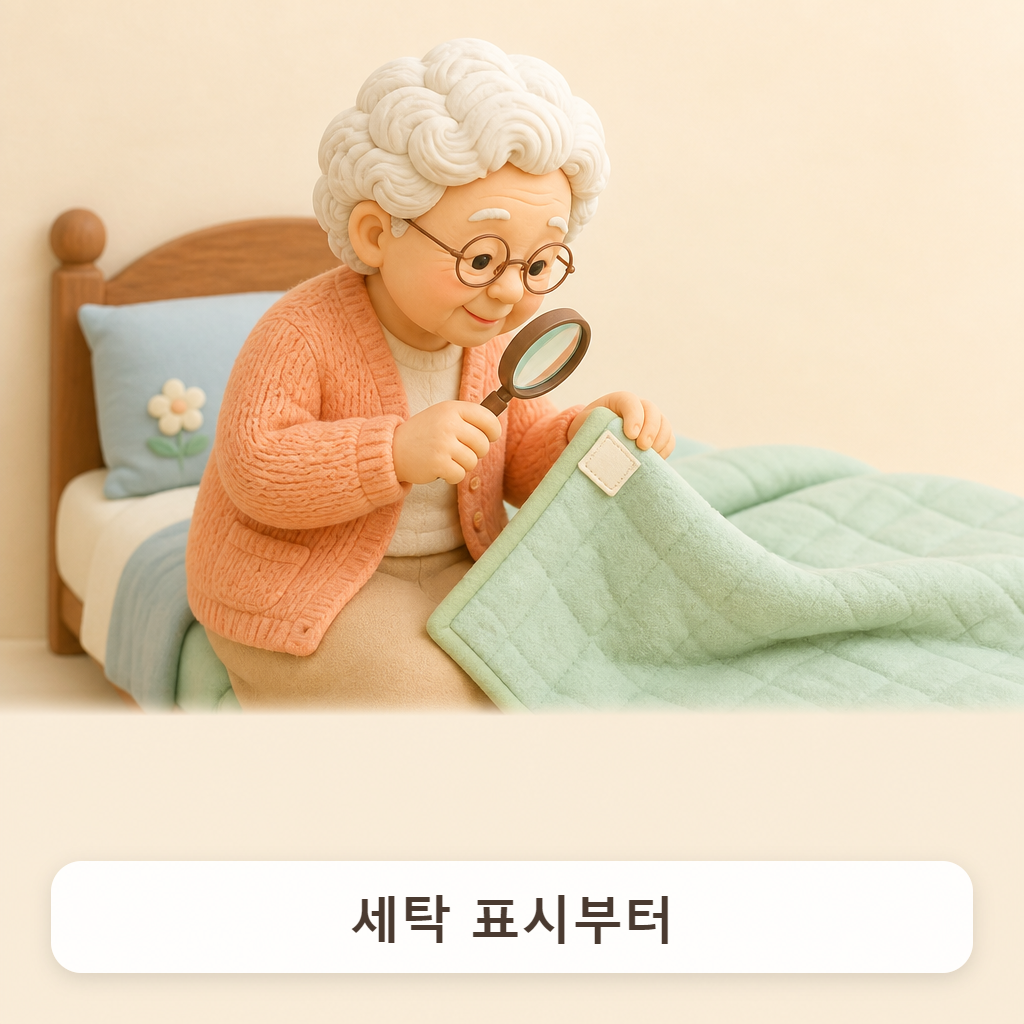침대 맡에서 돋보기로 이불 라벨 그림을 들여다보는 할머니