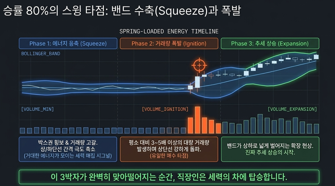 볼린저 밴드 수축 Squeeze 현상 횡보 박스권 대량 거래량 동반 상단선 상향 돌파 매수 타점