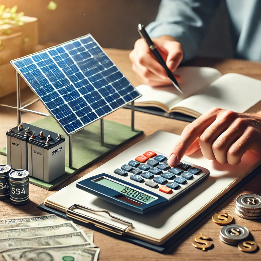 미니 태양광 유지비 계산 &ndash; 계산기와 노트로 비용 분석하는 모습