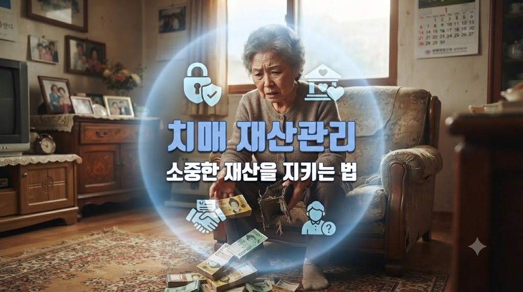 치매할머니가 돈다발을 흘리는 모습. 재산관리가 필요한 모습