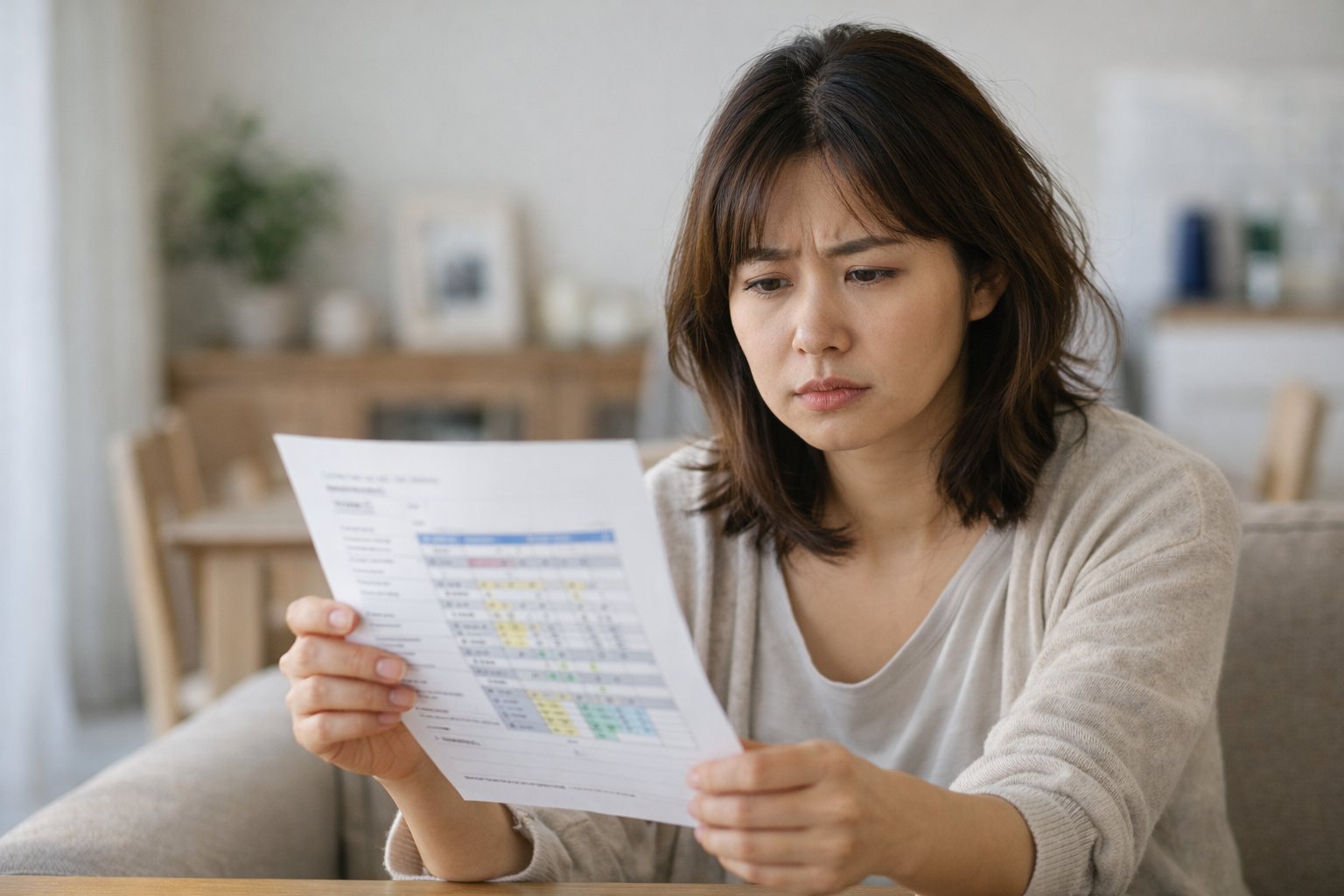 수면검사 결과지를 확인하며 고민하는 30대 여성 모습