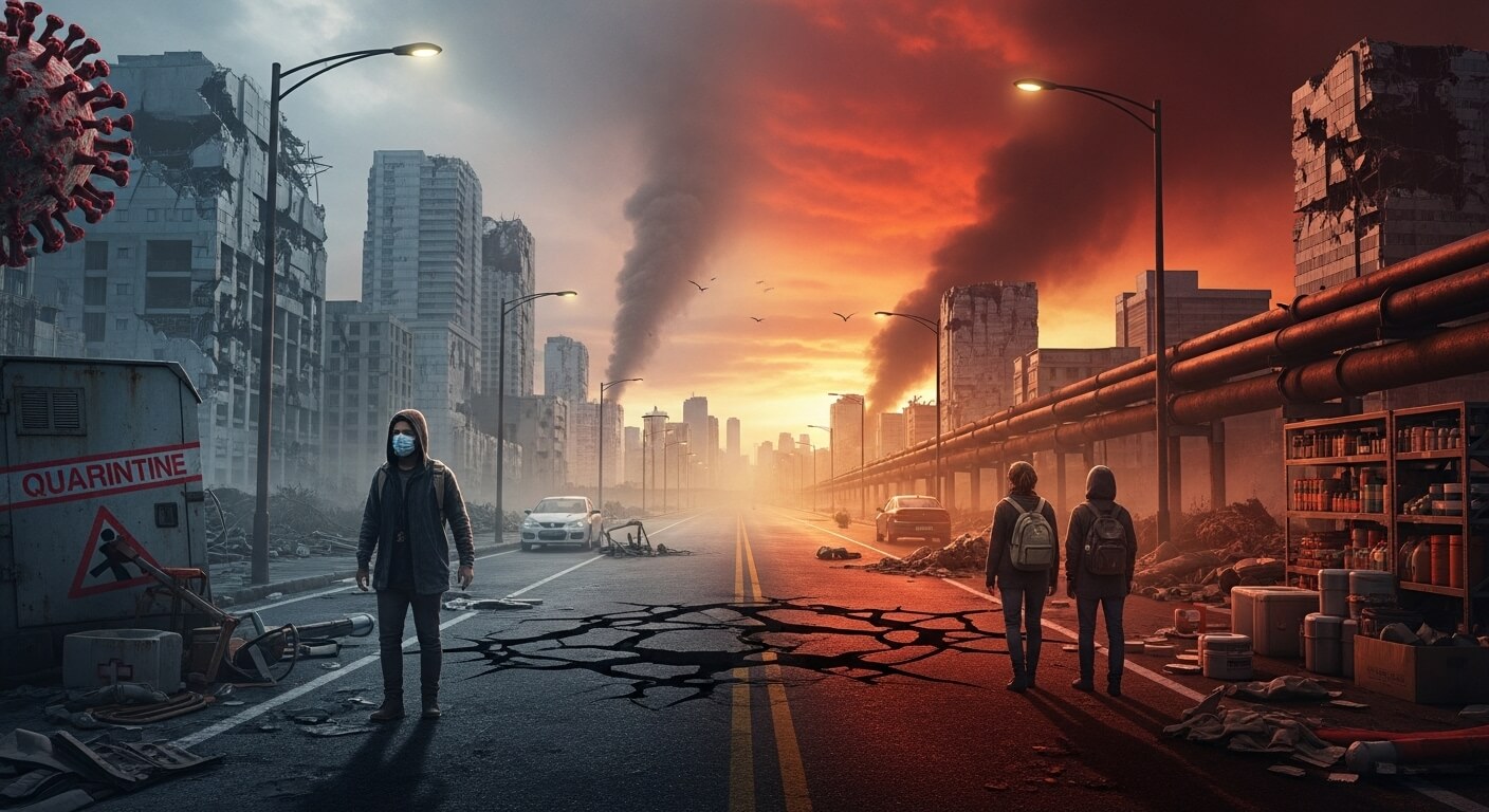 재난복합형 소설의 구성, 질병, 기후, 자원고갈 관련 사진