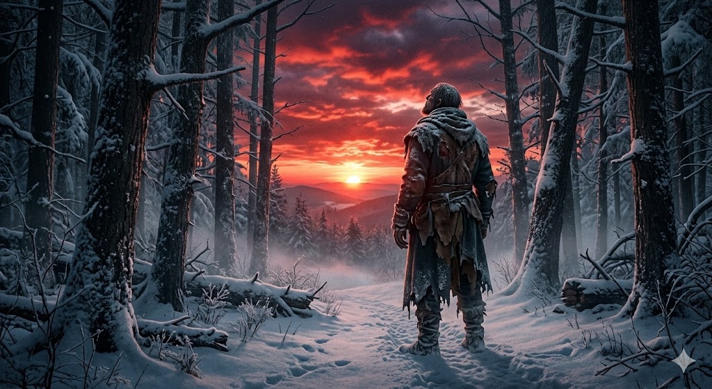 넷플릭스 영화 프랑켄슈타인 속 눈 덮인 숲속에서 누더기를 걸친 거대한 피조물이 붉게 노을 지는 하늘을 처연하게 바라보고 있는 뒷모습 묘사