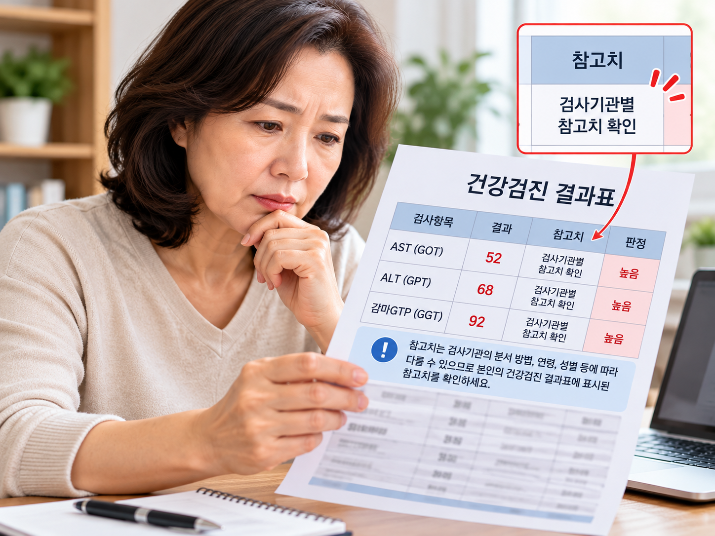 건강검진 결과표에서 AST, ALT, 감마GTP 수치를 확인하는 중장년 여성의 이미지